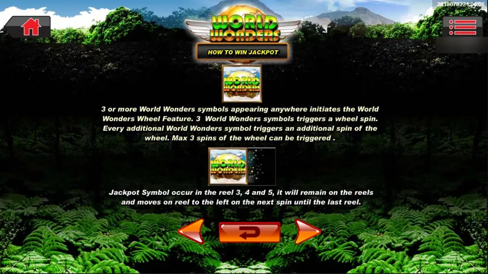 World Wonders help: three or more symbols start the wheel, and the jackpot symbol stays and moves one reel left each spin