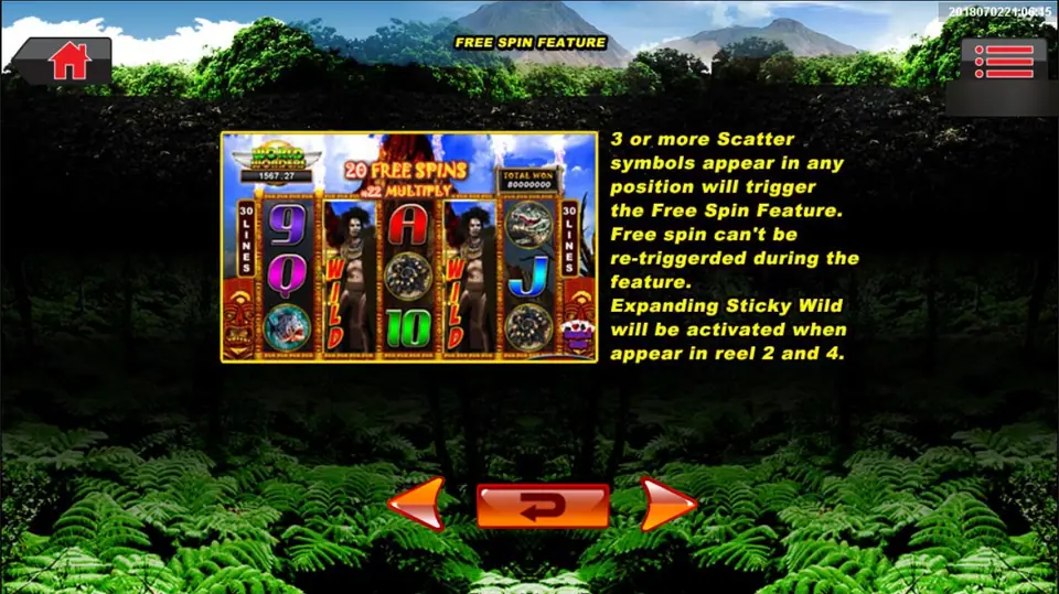 Lava Island free spin help beside a feature screen with two expanded wilds on reels 2 and 4