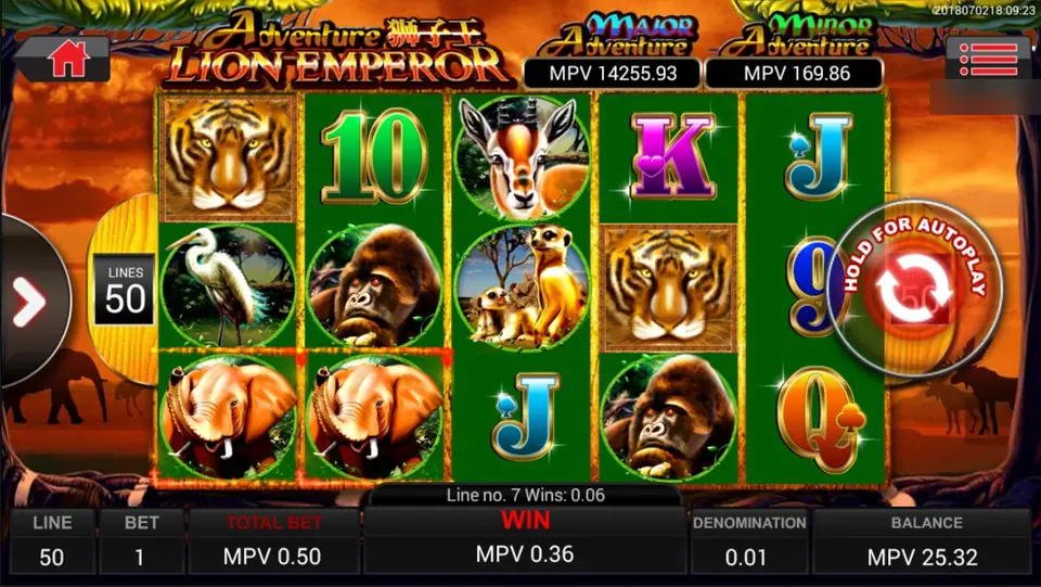 Lion Emperor with two elephants lit on line 7, a win of 0.36 MPV on a 0.50 MPV spin