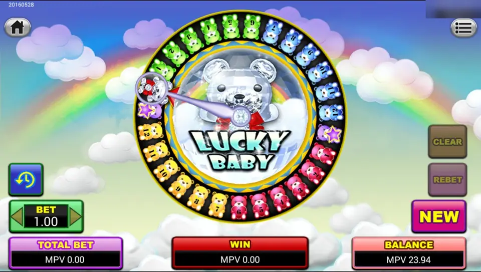 Lucky Baby wheel: a ring of numbered teddy bears in green, blue, pink and yellow around a crystal bear, BET 1.00