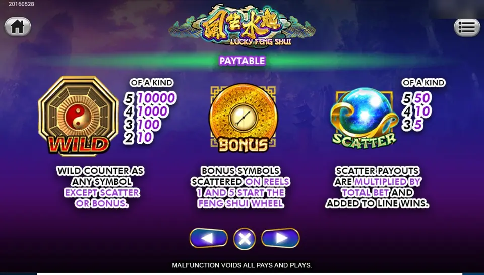 Lucky Feng Shui pay table: the bagua wild at 10,000 for five, the compass bonus for the Feng Shui Wheel and the crystal ball scatter